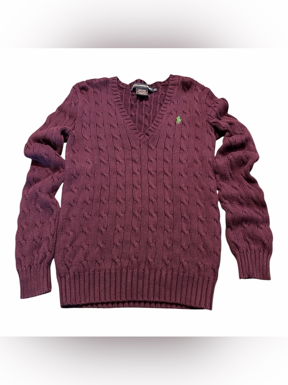Polo by Ralph Lauren V-Neck Cable Knit Sweater - Plum with Green Pony
